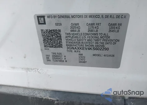 2019 Chevrolet Equinox Lt из США, поврежденный, VIN 3GNAXKEV4KS602290